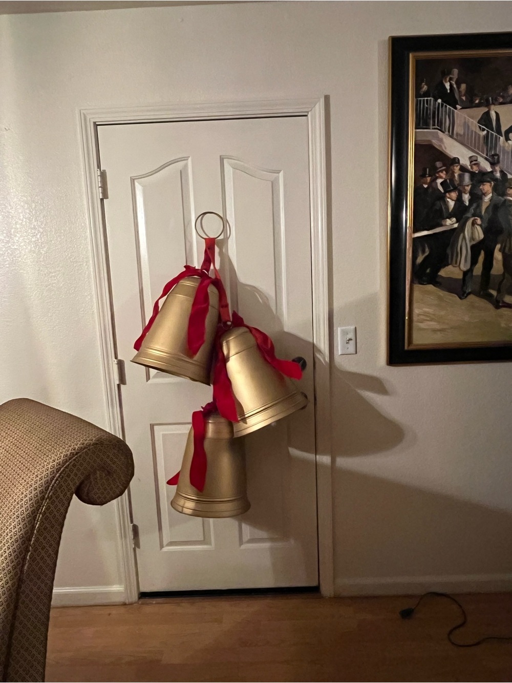 Gold Bell Wall Hanging with Red Ribbon Holiday Accent